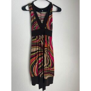 iz byer California Dress L Brown‎ Pink Green Abstract Print Sleeveless Tank